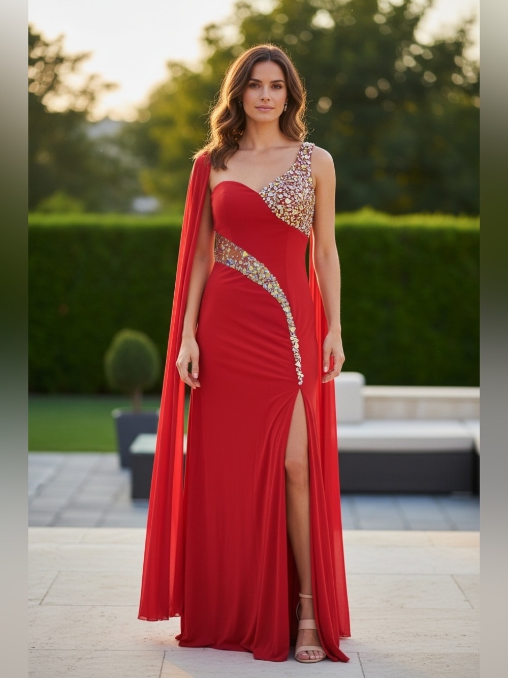 Ally’s Red Rhinestone One-Shoulder Evening Gown with Cape/Shawl | Size S/M